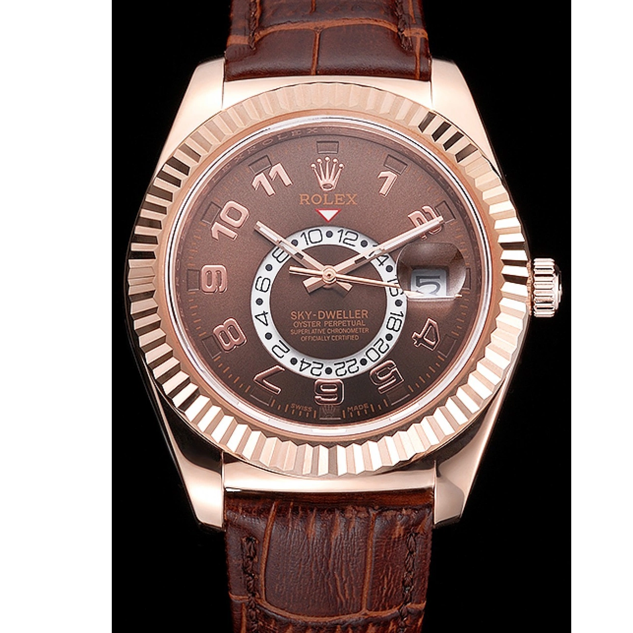 Aaa replica watch Dweller Strap Brown Sky Case Gold Dial Rose Rolex Leather Brown 0730
